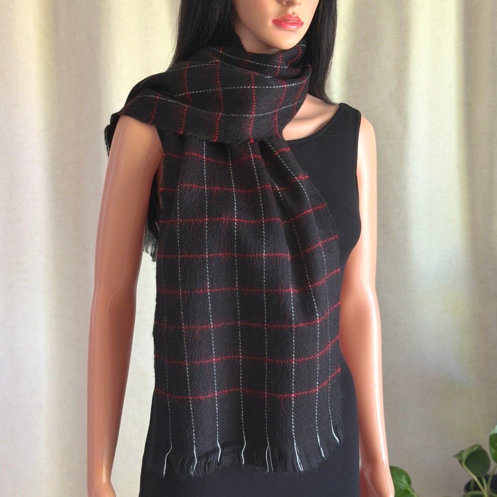 Vtg 90s Black Red White Grid Plaid Acrylic Fringed Scarf Preppy Dark Academia